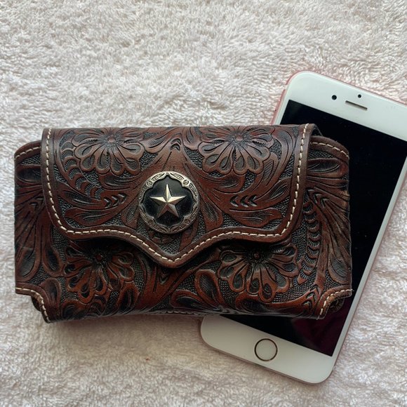Hand Tooled Western Floral Leather Cell Phone with Belt Clip